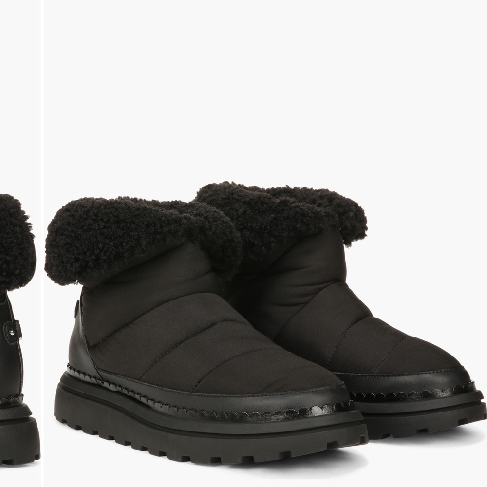 Sam Edelman Ozie Faux Black Quilted Shearling-Trim Winter Ankle Boots